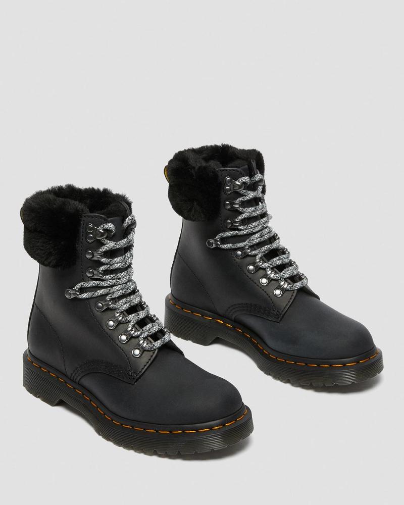 Dr Martens 1460 Serena Collar Faux Fur Gevoerde Veterlaarzen Dames Zwart | NL 578UZG